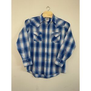 Ely Cattleman XL Blue Plaid  Men's  Pearl Snap Rodeo Western‎ Long Sleeve